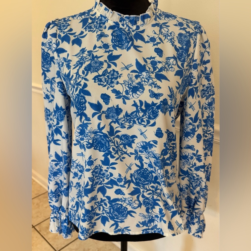 Shein Floral Blue and White Long Sleeve Blouse